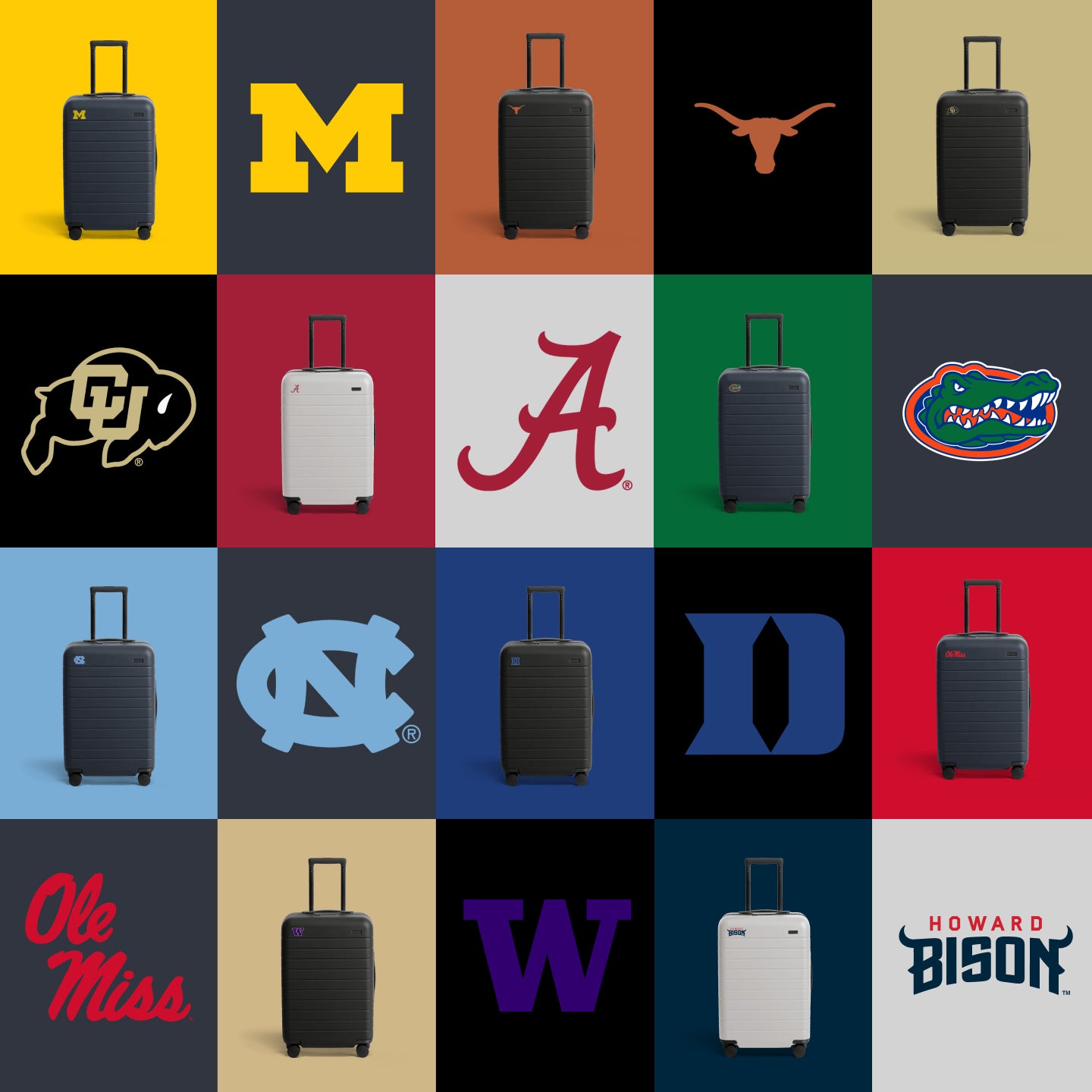Collection of suitcases with various college logos on a grid background